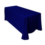 Navy blue rectangular tablecloth with smooth fabric, ideal for formal events.